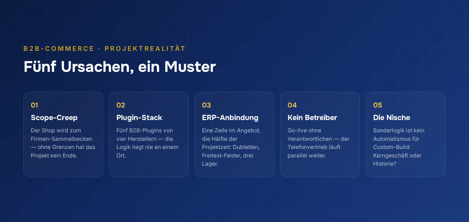 Fünf Ursachen, warum B2B-Onlineshop-Projekte scheitern: Scope-Creep, Plugin-Stack, ERP-Anbindung, fehlender Betreiber und Nischen-Anforderungen